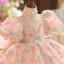 Chic / Beautiful Blushing Pink Beading Pearl Sequins Birthday Flower Girl Dresses 2025 Ball Gown High Neck Puffy Short Sleeve Bow Short