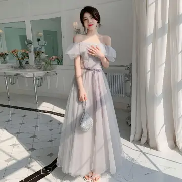 Modest Simple Grey Bridesmaid Dresses 2022 A Line Princess Off The Shoulder Bow Sash Short Sleeve Backless Floor Length Long Bridesmaid Dresses