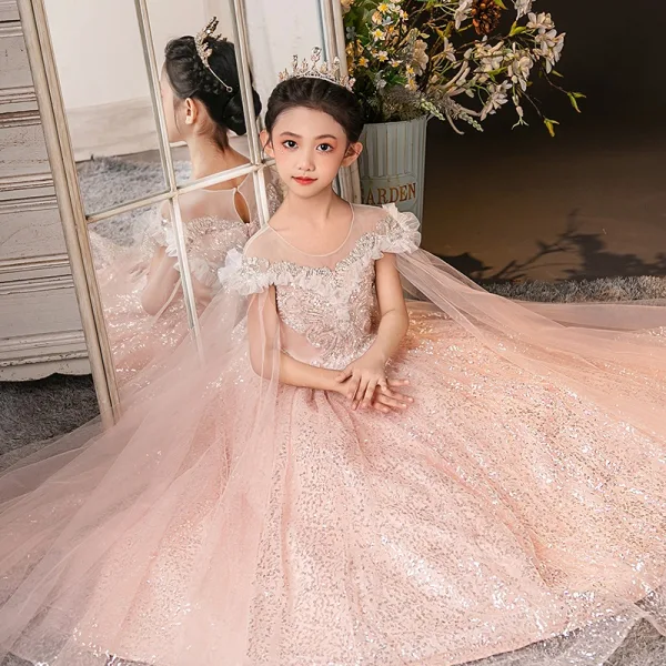 Sparkly Blushing Pink Beading Sequins Birthday Flower Girl Dresses 2025 Ball Gown Scoop Neck Short Sleeve Floor-Length / Long