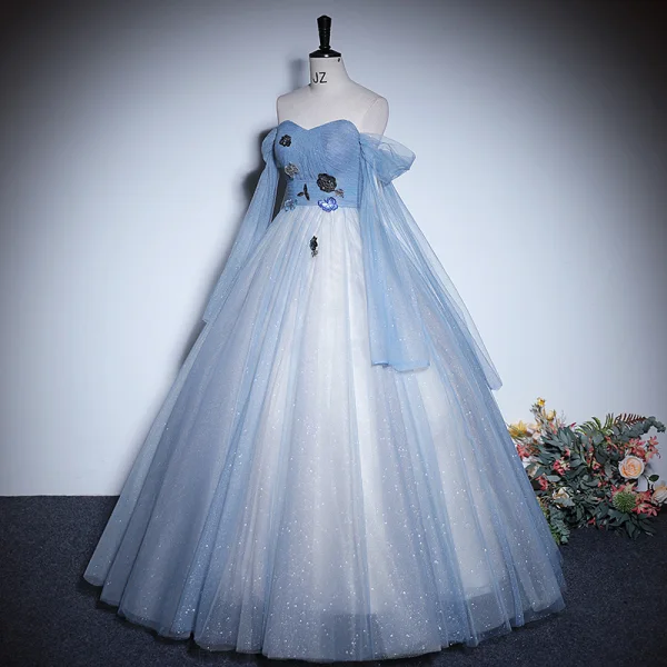 Charmant Himmelblau Perlenstickerei Pailletten Ballkleider 2023 A Linie Off Shoulder Kurze Ärmel Rückenfreies Lange Ball Festliche Kleider