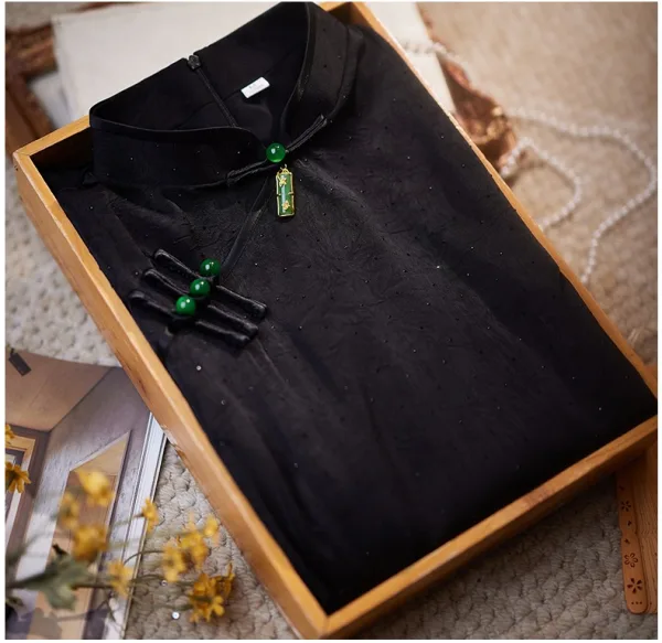 Chinese style Black Summer Tea-length Cheongsam 2024 Trumpet / Mermaid High Neck Short Sleeve