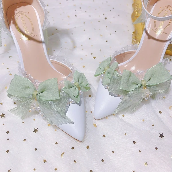 Fashion Sage Green Pearl Bow Prom Womens Sandals 2024 Ankle Strap 9 cm Stiletto Heels Pointed Toe Womens Shoes High Heels