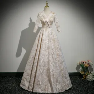 Élégant Champagne Glitter Impression Robe Mère De La Mariée 2025 Princesse V Cou Manches Longues Dos Nu Longue