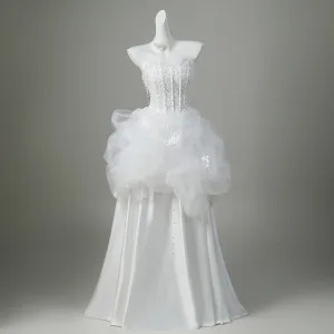 Élégant Blanche Perle En Dentelle Fleur Satin Robe De Mariée 2026 Robe Boule Bustier Sans Manches Dos Nu Longue