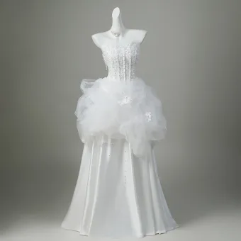 Elegant White Pearl Lace Flower Satin Wedding Dresses 2026 Ball Gown Strapless Sleeveless Backless Floor Length Long