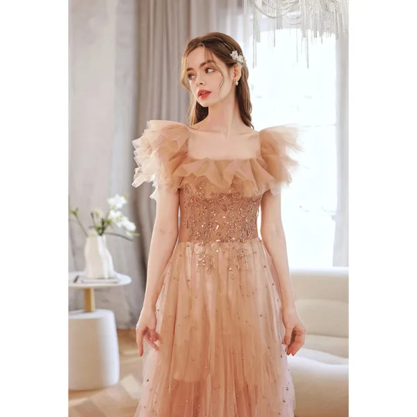 Charming Champagne Evening Dresses 2022 A-Line / Princess Off-The-Shoulder Beading Sequins Sleeveless Backless Floor-Length / Long Evening Party Formal Dresses