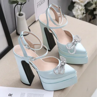 Fashion Mint Green Satin Rhinestone Bow Evening Party Womens Sandals 2023 Ankle Strap 14 Cm Stiletto Heels Pointed Toe Sandals High Heels