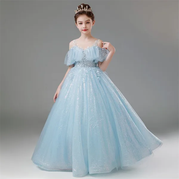 Chic / Beautiful Sky Blue Beading Sequins Birthday Flower Girl Dresses 2024 Ball Gown Scoop Neck Short Sleeve Floor-Length / Long Tulle