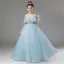 Chic / Beautiful Sky Blue Beading Sequins Birthday Flower Girl Dresses 2024 Ball Gown Scoop Neck Short Sleeve Floor-Length / Long Tulle