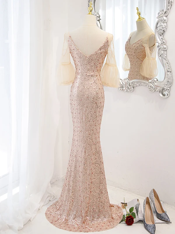 Scintillantes Doré Paillettes Robe De Soirée 2023 Trompette / Sirène V-Cou 1/2 Manches Dos Nu Train De Balayage Soirée Robe De Ceremonie