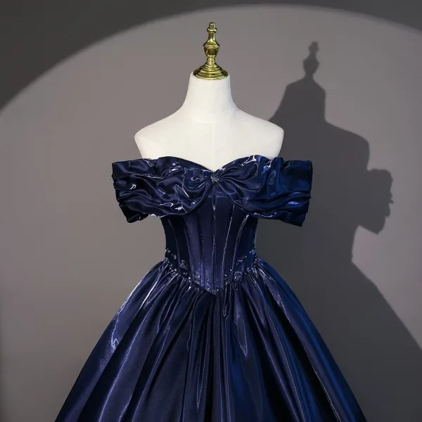 Vintage / Retro Navy Blue Prom Dresses 2026 Ball Gown Off-The-Shoulder Short Sleeve Backless Floor-Length / Long Formal Dresses