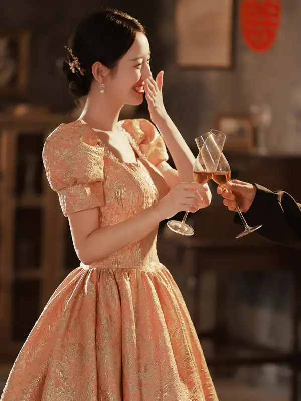 Chic / Beautiful Blushing Pink Beading Pearl Prom Dresses 2022 Ball Gown Square Neckline Puffy Short Sleeve Backless Floor-Length / Long Prom Formal Dresses