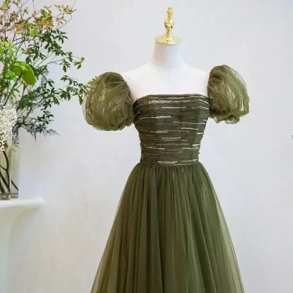 Modest / Simple Clover Green Sequins Prom Dresses 2022 A-Line / Princess Square Neckline Puffy Short Sleeve Backless Floor-Length / Long Prom Formal Dresses