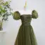 Modest / Simple Clover Green Sequins Prom Dresses 2022 A-Line / Princess Square Neckline Puffy Short Sleeve Backless Floor-Length / Long Prom Formal Dresses