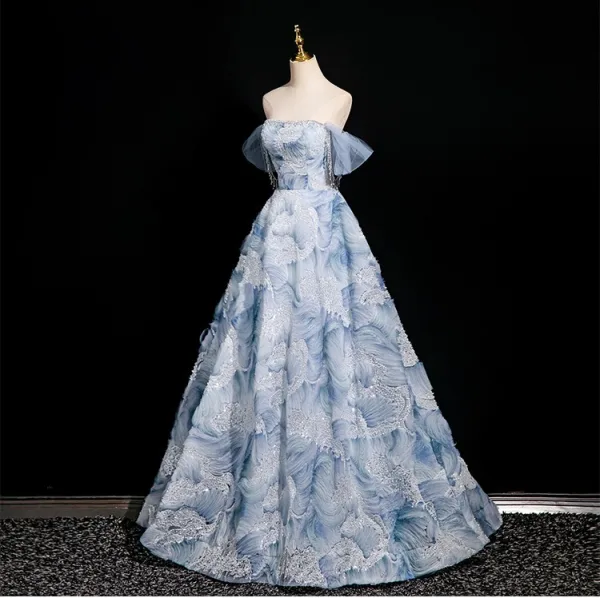 Elegant Sky Blue Beading Sequins Prom Dresses 2025 Ball Gown Off-The-Shoulder Short Sleeve Backless Floor-Length / Long Prom Formal Dresses