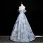 Elegant Sky Blue Beading Sequins Prom Dresses 2025 Ball Gown Off-The-Shoulder Short Sleeve Backless Floor-Length / Long Prom Formal Dresses