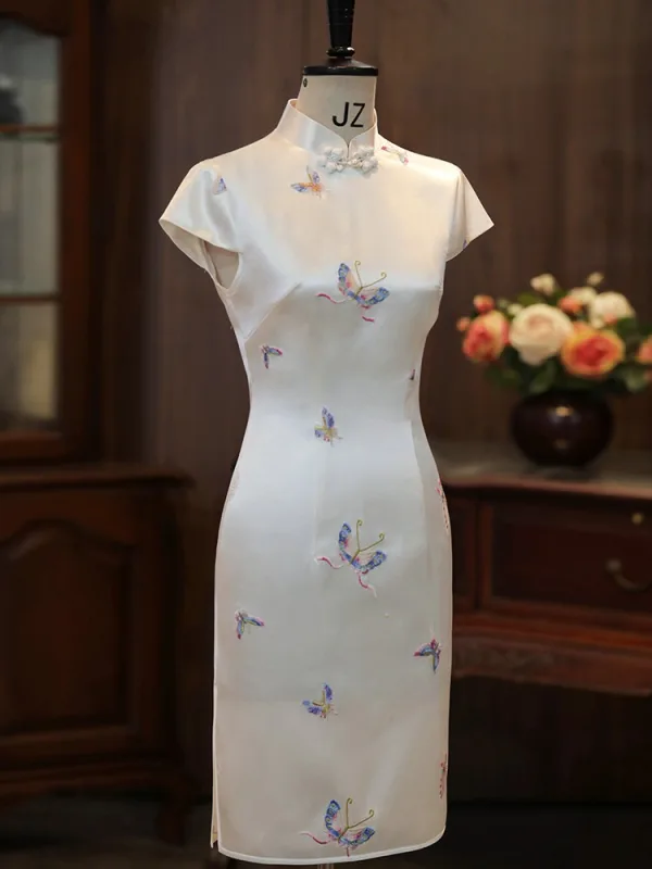Chinese style White Embroidered Butterfly Tea-length Cheongsam 2026 Trumpet / Mermaid High Neck Cap Sleeves