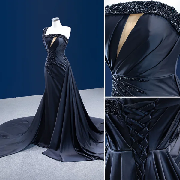 Haut de Gamme Charmant Noire Fait main Perlage Paillettes Robe De Soirée 2022 Trompette / Sirène Une épaule Sans Manches Dos Nu Chapel Train Soirée Robe De Ceremonie