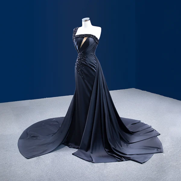 Haut de Gamme Charmant Noire Fait main Perlage Paillettes Robe De Soirée 2022 Trompette / Sirène Une épaule Sans Manches Dos Nu Chapel Train Soirée Robe De Ceremonie