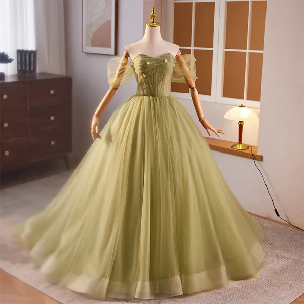 Modest / Simple Sage Green Appliques Prom Dresses 2024 Ball Gown Off