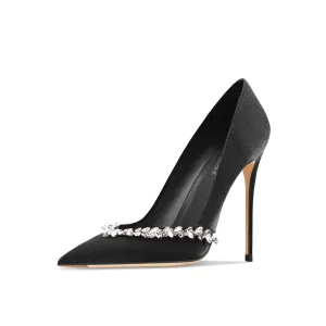 Chic Belle Noire Soirée Faux Diamant Escarpins 2024 Cuir 10 Cm Talons Aiguilles À Bout Pointu Escarpins Talons Hauts