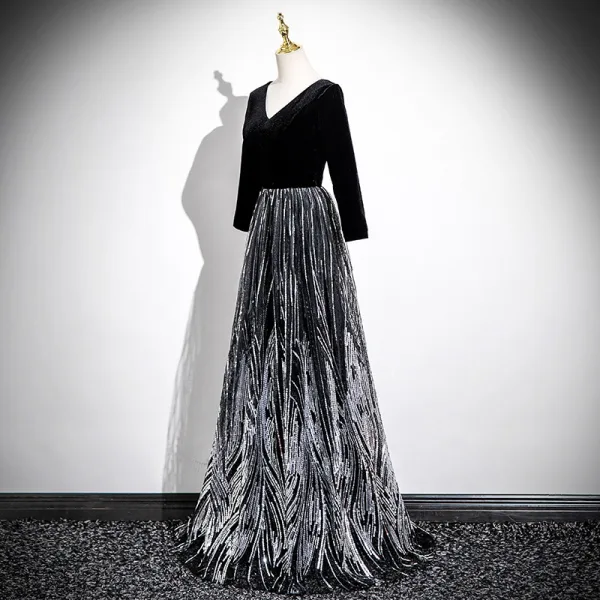 Chic / Beautiful Black Sequins Prom Dresses 2025 A-Line / Princess V-Neck Long Sleeve Backless Floor-Length / Long Prom Formal Dresses