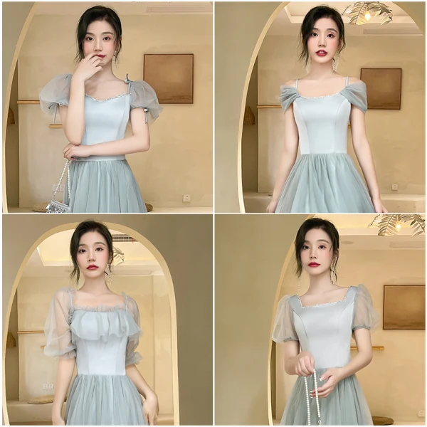 Simple Vert Cendré Robe Demoiselle D'honneur 2022 Princesse Encolure Carrée Manches Courtes Dos Nu Longue Demoiselle D'honneur Robe De Ceremonie