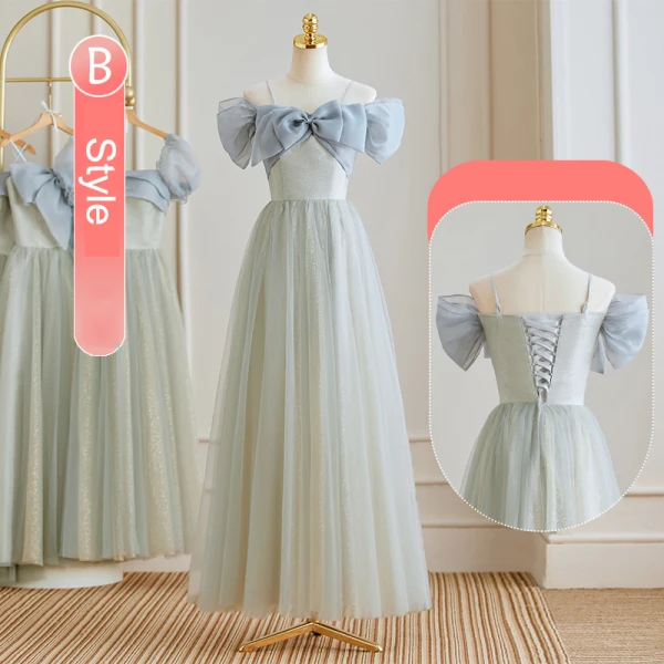 Modest / Simple Grey Bridesmaid Dresses 2023 A-Line / Princess Spaghetti Straps Bow Short Sleeve Backless Floor-Length / Long Bridesmaid Dresses
