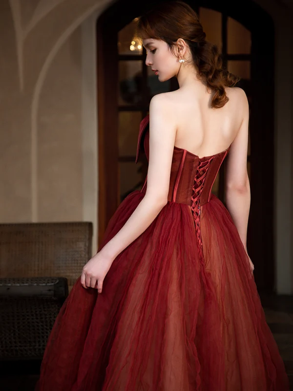 Fashion Red Prom Dresses 2022 A-Line / Princess Strapless Bow Sleeveless Backless Floor-Length / Long Formal Dresses