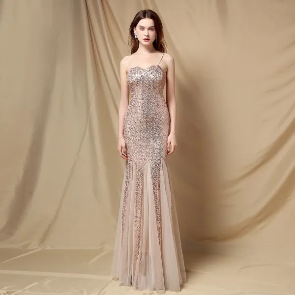 Scintillantes Blanche Paillettes Robe De Soirée 2024 Trompette / Sirène Bretelles Spaghetti Sans Manches Dos Nu Longue Soirée Robe De Ceremonie