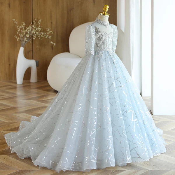 Fashion Grey Sequins Lace Flower Birthday Flower Girl Dresses 2023 Ball Gown High Neck Short Sleeve Floor-Length / Long Flower Girl Dresses