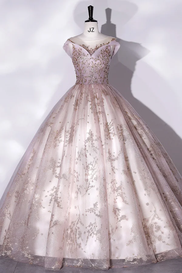 Elegant Blushing Pink Beading Sequins Prom Dresses 2022 Ball Gown Scoop Neck Sleeveless Backless Floor-Length / Long Formal Dresses