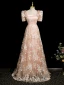 Chic / Beautiful Champagne Sequins Lace Flower Prom Dresses 2024 A-Line / Princess Square Neckline Short Sleeve Backless Floor-Length / Long Prom Formal Dresses