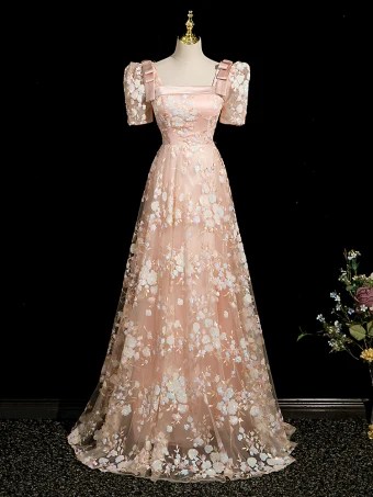 Chic Beautiful Champagne Sequins Lace Flower Prom Dresses 2024 A Line Princess Square Neckline Short Sleeve Backless Floor Length Long Prom Formal Dresses