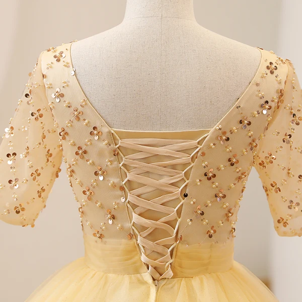 Elegant Yellow Prom Dresses 2022 Ball Gown Square Neckline Pearl Sequins Short Sleeve Backless Floor-Length / Long Prom Formal Dresses