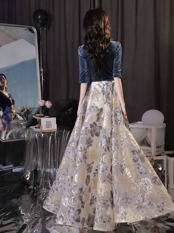 Mode Bleu Marine Impression Robe De Bal 2023 Princesse V-Cou 1/2 Manches Longue Promo Robe De Ceremonie
