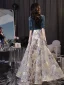Mode Bleu Marine Impression Robe De Bal 2023 Princesse V-Cou 1/2 Manches Longue Promo Robe De Ceremonie