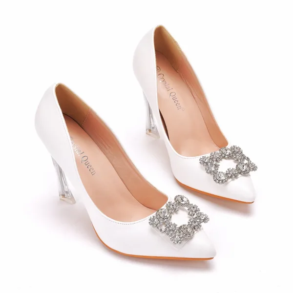 Schöne Weiß Strass Ball Pumps 2022 Leder 9 cm Stilettos Spitzschuh Pumps Hochhackige