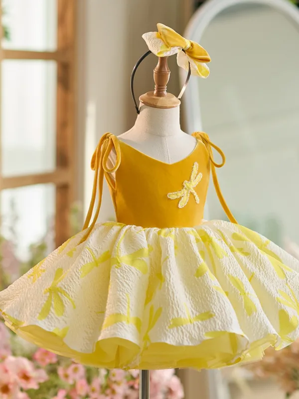 Chic / Beautiful Yellow Short Birthday Flower Girl Dresses 2024 Ball Gown V-Neck Sleeveless Backless