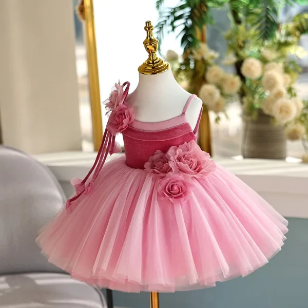 Chic / Beautiful Fuchsia Appliques Birthday Flower Girl Dresses 2025 Ball Gown Spaghetti Straps Sleeveless Backless Floor-Length / Long Flower Girl Dresses