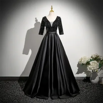 Vintage Originale Noire Perlage Paillettes Satin Robe De Bal 2025 Robe Boule V Cou 3 4 Manches Dos Nu Longue Robe De Ceremonie