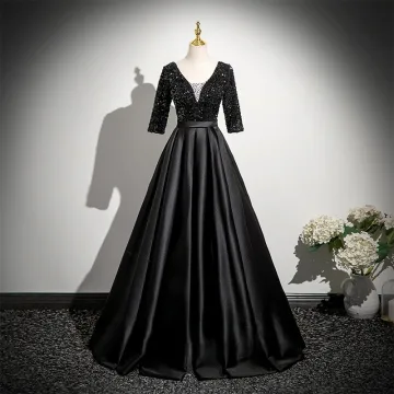 Vintage Retro Black Beading Sequins Satin Prom Dresses 2025 Ball Gown V Neck 3 4 Sleeve Backless Floor Length Long Formal Dresses