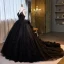 Modern / Fashion Black Cascading Ruffles Sequins Prom Dresses 2023 Ball Gown Spaghetti Straps Sleeveless Backless Sweep Train Prom Formal Dresses