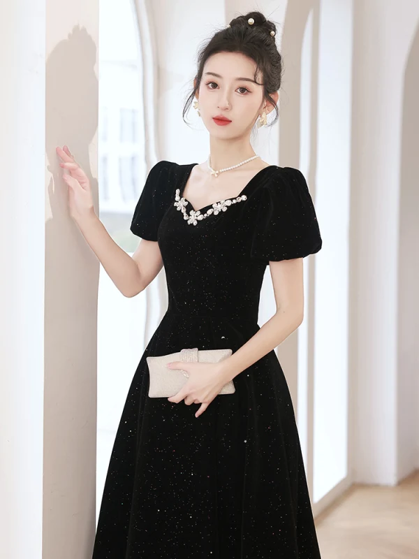 Audrey Hepburn Style Black Rhinestone Prom Dresses 2023 A-Line / Princess Square Neckline Short Sleeve Prom Polyester Floor-Length / Long Formal Dresses Zipper Up