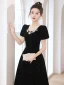 Audrey Hepburn Style Black Rhinestone Prom Dresses 2023 A-Line / Princess Square Neckline Short Sleeve Prom Polyester Floor-Length / Long Formal Dresses Zipper Up