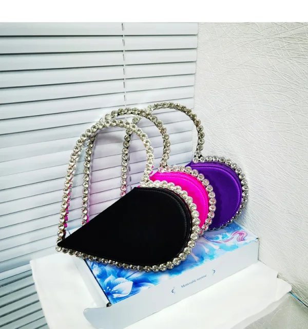 Fashion Fuchsia Heart-shaped Rhinestone Cocktail Party Clutch Bags Satin 2023