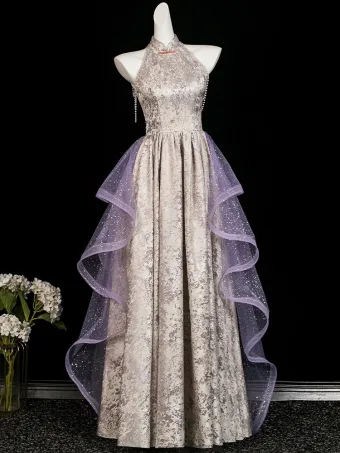 Bling Bling Grey Pearl Sequins Prom Dresses 2026 A Line Princess Halter Sleeveless Backless Floor Length Long Formal Dresses