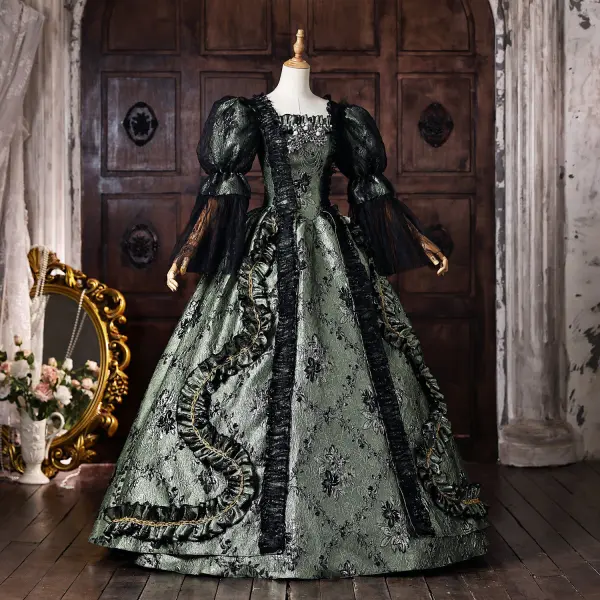Medieval Vintage / Retro Dark Green Beading Appliques Printing Prom Dresses 2026 Ball Gown Square Neckline Bell sleeves Floor-Length / Long Formal Dresses