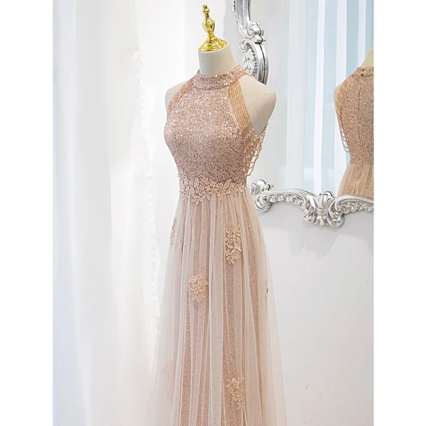 Sparkly Gold Beading Tassel Sequins Evening Dresses 2023 A-Line / Princess High Neck Sleeveless Backless Floor-Length / Long Evening Party Formal Dresses