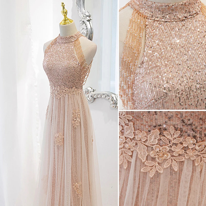 slim fit dress slacks Luxurious Spaghetti Straps Sequin Beaded Gold Long Evening Dress Prom –  Simplepromdress main image 0